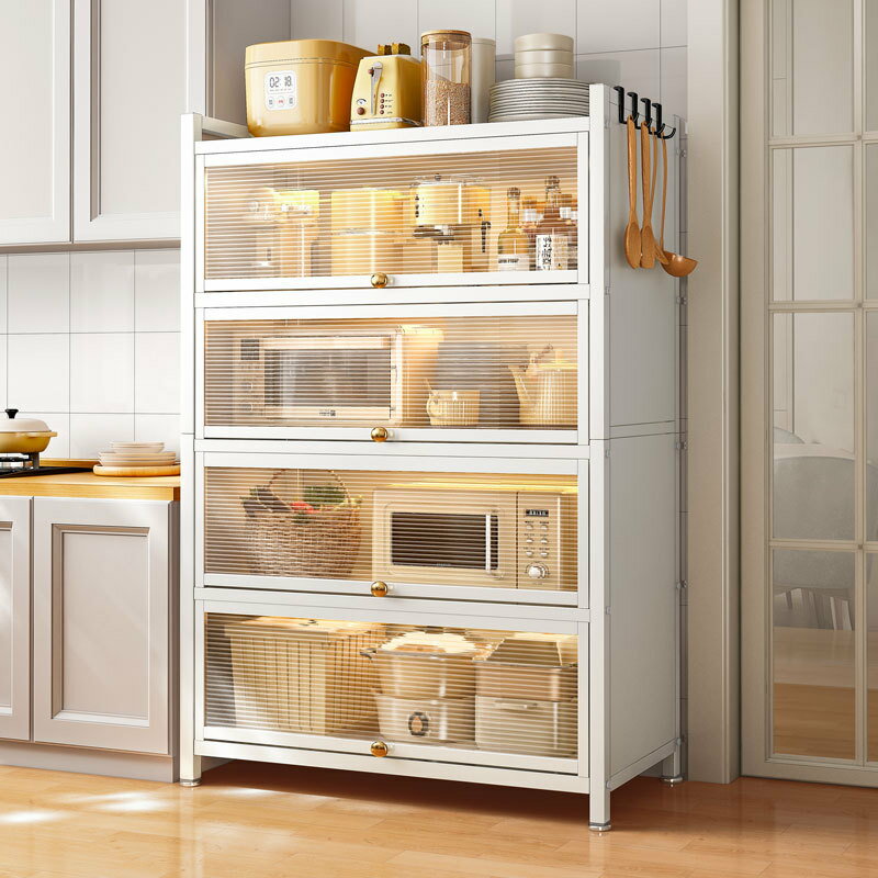 APP下單享點數9% 廚房置物架帶門儲物柜落地多層現代簡約多功能微波爐收納柜碗柜