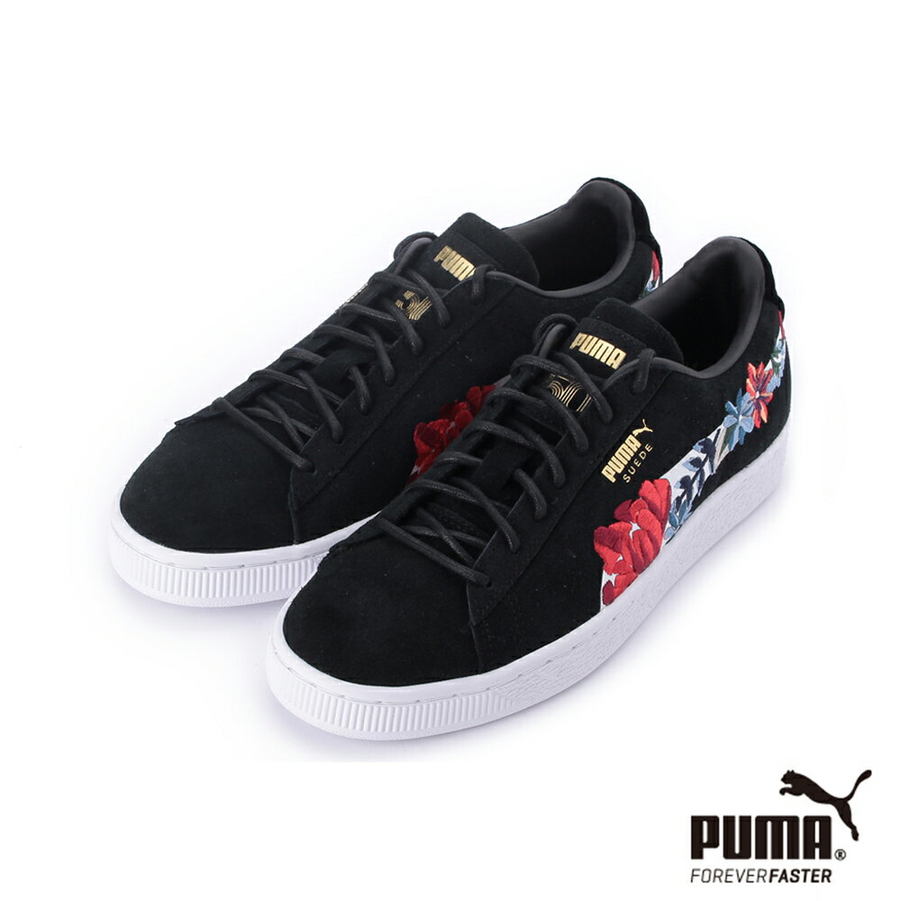 PUMA Suede Hyper Embellished 麂皮花卉刺繡復古休閒鞋 黑繡花 366124-01 女鞋