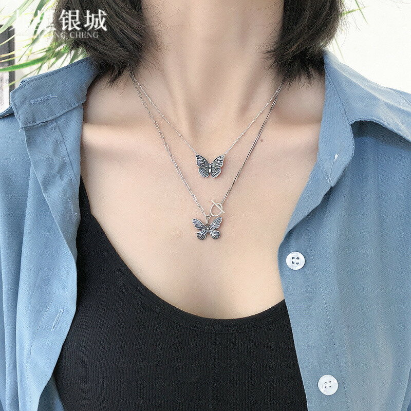 S925銀蝴蝶項鏈女ins網紅簡約個性百搭翩翩起舞時尚OT扣潮流韓版
