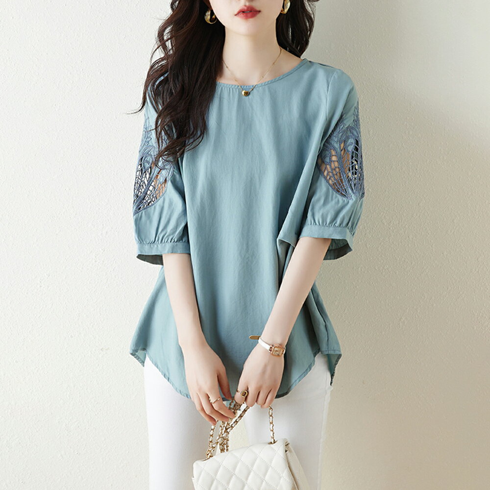 ＊ORead＊鏤空顯瘦圓領上衣(藍色L~5XL)