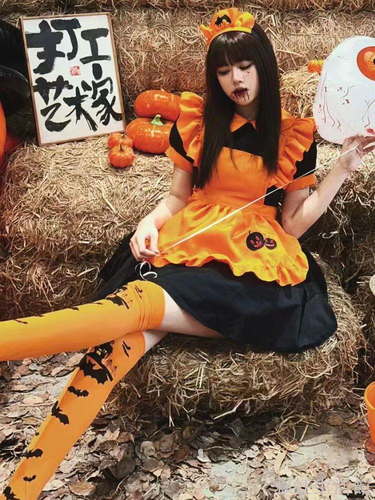 萬聖節服裝品色服飾南瓜cosplay服鬼節主題派對兒童橙色蝙蝠女僕