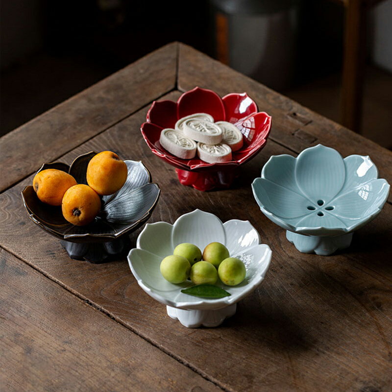 蓮花高腳果盤可瀝水果籃果碟中式陶瓷零食茶點盤供佛盤家用干果盤