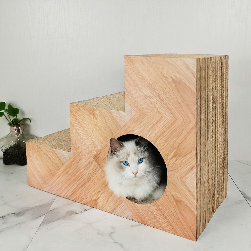 【台灣現貨】出口日本高品質貓抓柱 進口紙貓抓板 多層臺階貓窩 貓樹洞貓房子 三層貓階梯磨爪板不傷爪 3