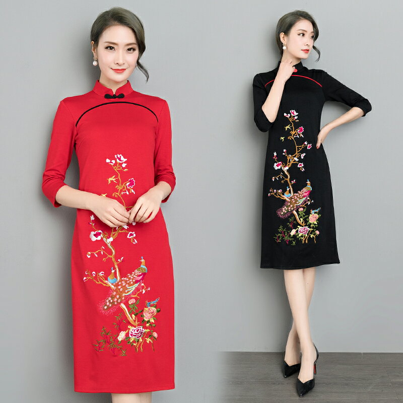 春裝新款中國風日常改良旗袍 民族風復古刺繡連衣裙修身顯瘦1入