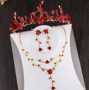 玫瑰花新娘飾品 花仙子紅色皇冠項鏈耳環三件套婚紗配飾結婚頭飾
