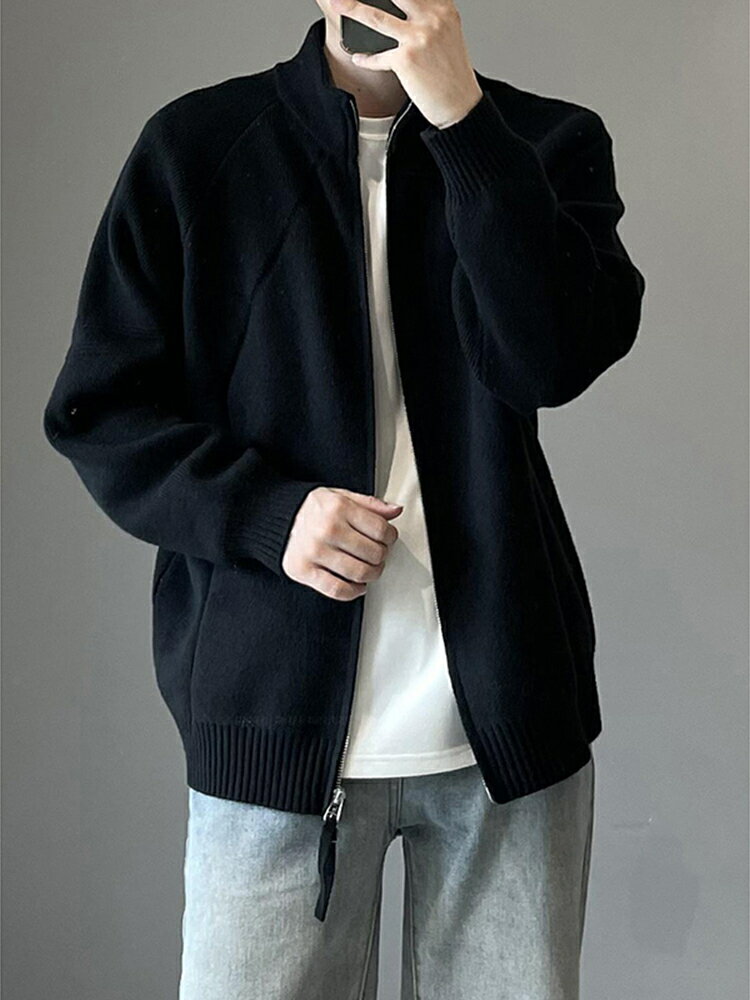 cleanfit黑色針織開衫外套男款秋冬高階感慵懶風韓系立領拉鏈毛衣【步行者戶外生活館】