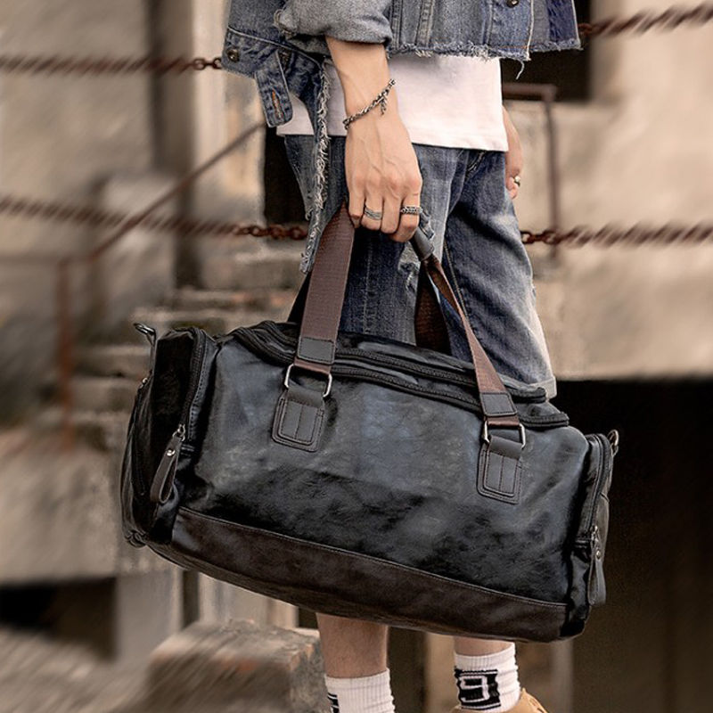 旅行收納包 男士旅行包商務出差手提包韓版大容量背包皮質斜跨包旅行袋行李袋-快速出貨