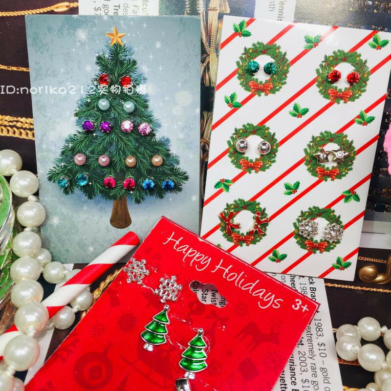 復古圣誕節首飾耳釘組合彩鉆雪花星星圣誕樹套裝組耳環歐美孤品