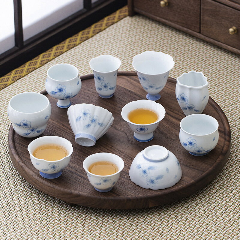 釉下彩手繪藍蓮花陶瓷茶杯聚香家用普洱品茗杯功夫茶具主人杯單杯