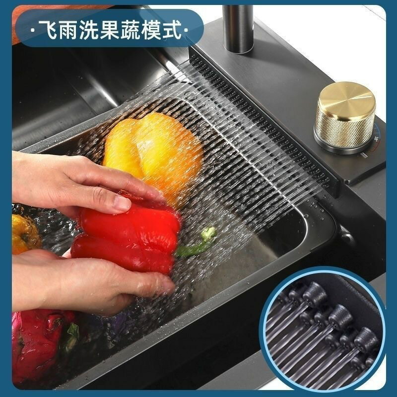 免運 可開發票 廚房瀝水槽 廚房4MM加厚水槽飛雨瀑布大單槽蜂窩壓紋洗菜盆多功能家用洗碗池