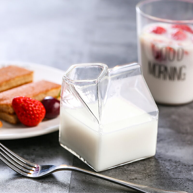 ins網紅玻璃飲料杯牛奶杯可微波 出口美國同款創意耐熱玻璃牛奶盒