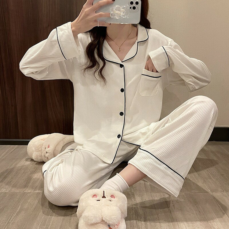 睡衣女2022年春秋新款翻領開衫簡約休閑韓系寬松大碼兩件套家居服