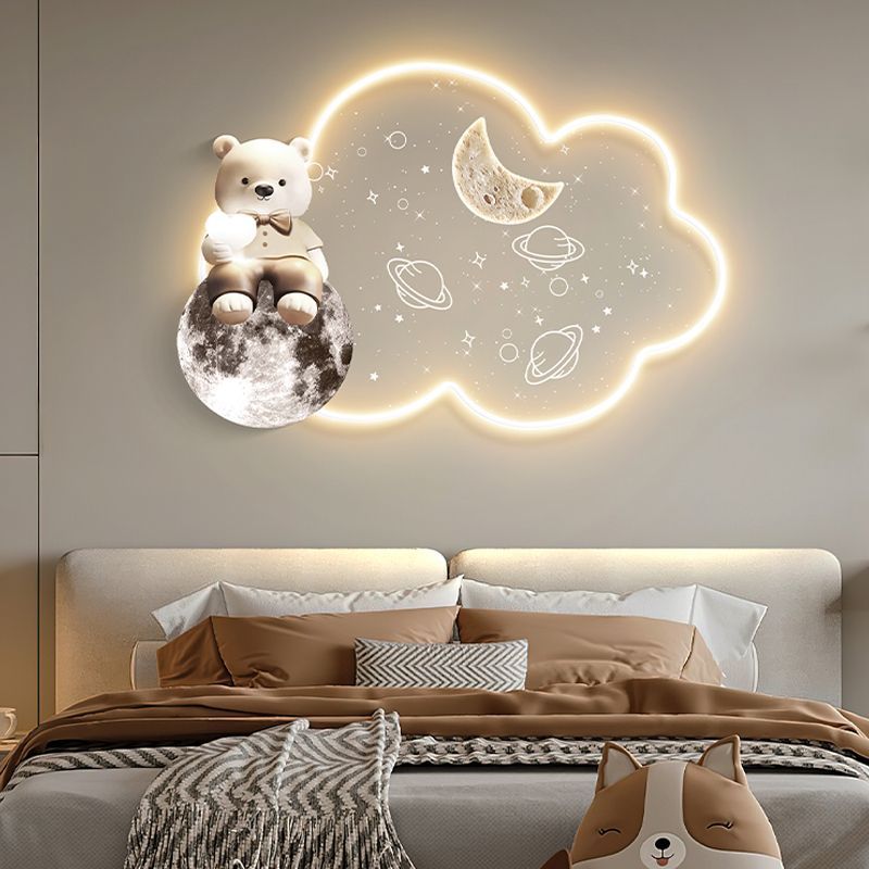 奶油風主臥室裝飾畫帶燈月球兒童房床頭掛畫可愛小熊客廳發光壁飾