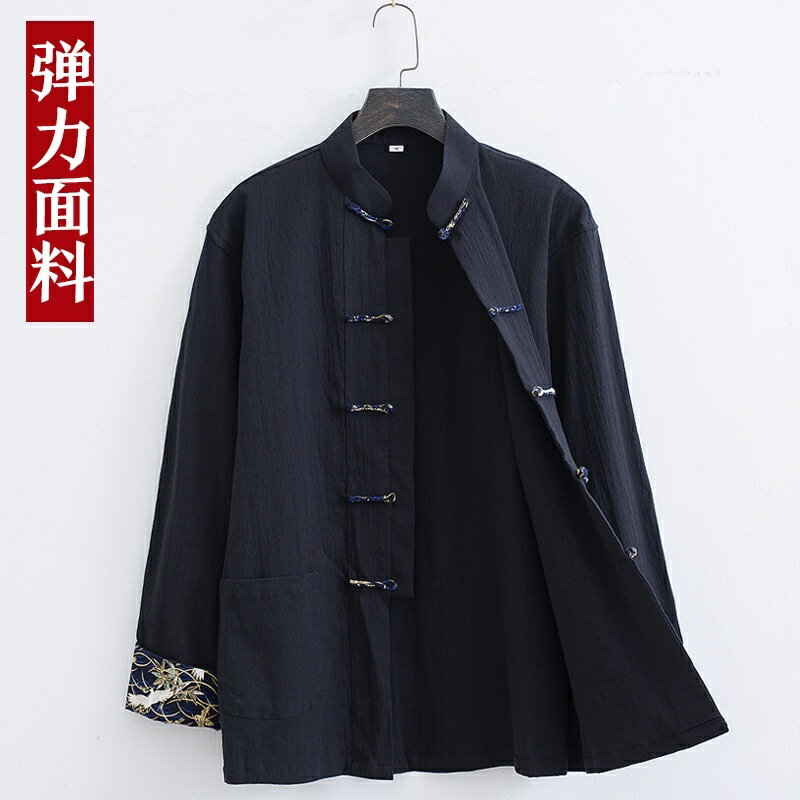 春秋季新款唐裝 長袖外套 休閒刺繡挽袖外套 中國風 中式復古立領盤扣外套 大尺碼男裝外套