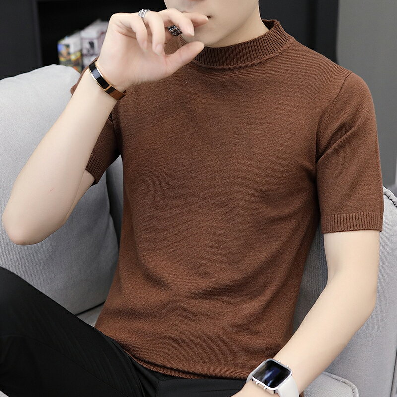 男士短袖t恤韓版潮流圓領半截袖夏季男裝修身純色衣服帥氣針織衫