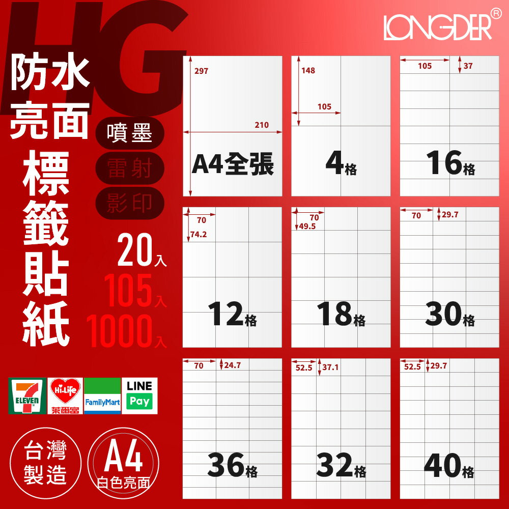 有發票【A4 防水亮面20入】HG型 龍德標籤貼紙 適用噴墨 標籤紙 電腦標籤 寄件貼紙 臺灣製 防水標籤