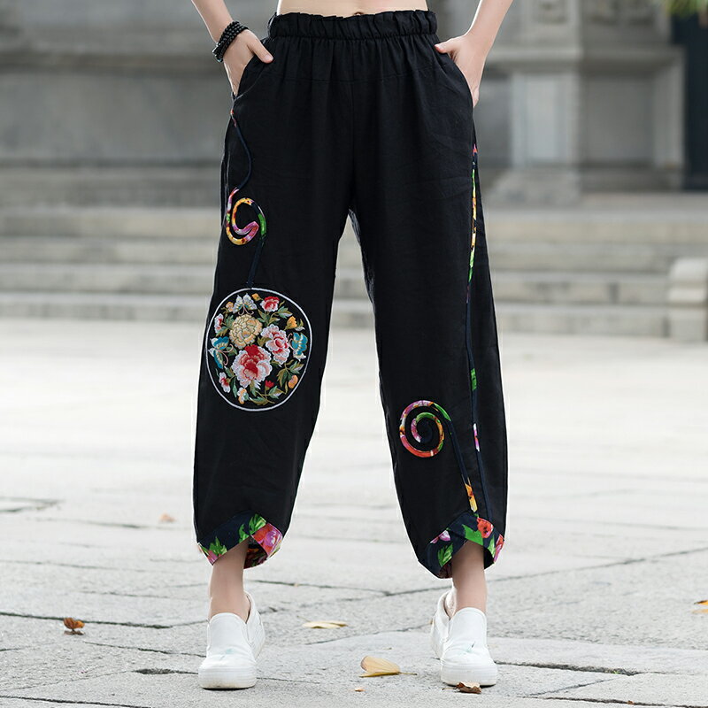 春夏新款大碼寬松棉麻刺繡民族風女裝松緊腰繡花闊腿休閑長褲1入