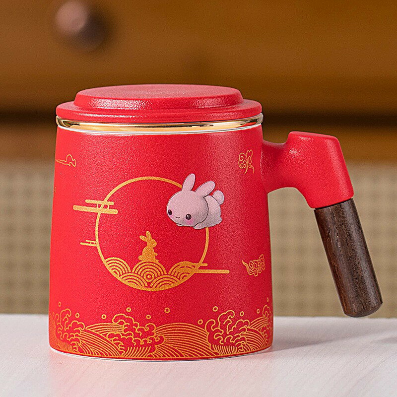 中秋玉兔陶瓷馬克杯茶水分離泡茶杯三件套辦公杯子印雕刻 0