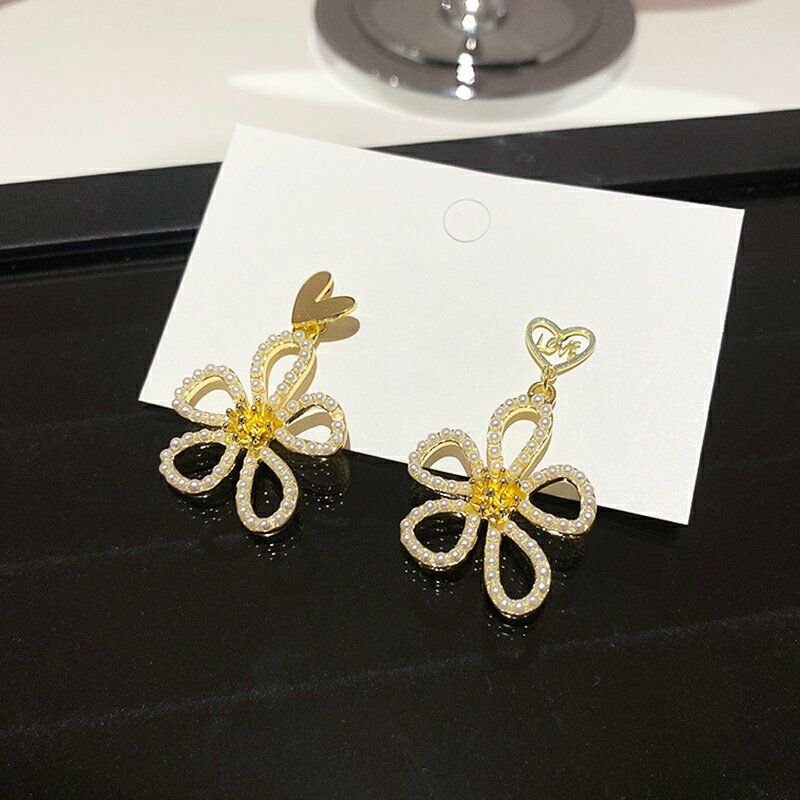 925銀針韓國東大門時尚不對稱耳環女珍珠花朵愛心耳墜氣質耳飾品