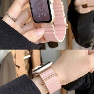 荔枝紋錶帶 適用於Apple Watch 8 7 6 5 4 SE 45mm 41mm 44mm 磁吸錶帶 真皮皮質錶帶
