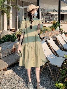夏季小清新泡泡袖綠色襯衫連身裙女寬松顯瘦洋氣減齡氣質裙子洋裝