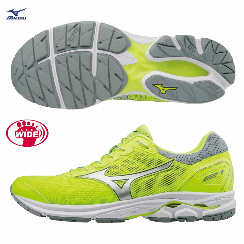 胖媛的店 美津濃 MIZUNO WAVE RIDER 21 男超寬楦慢跑鞋 中高足弓適用 J1GC180405（青黃X銀）