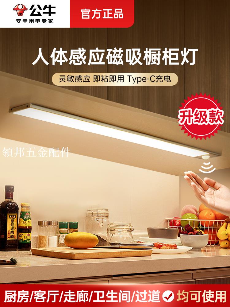 公牛櫥櫃燈家用入戶門人體感應燈廚房充電式櫃底無線自粘led燈條[領邦五金配件]