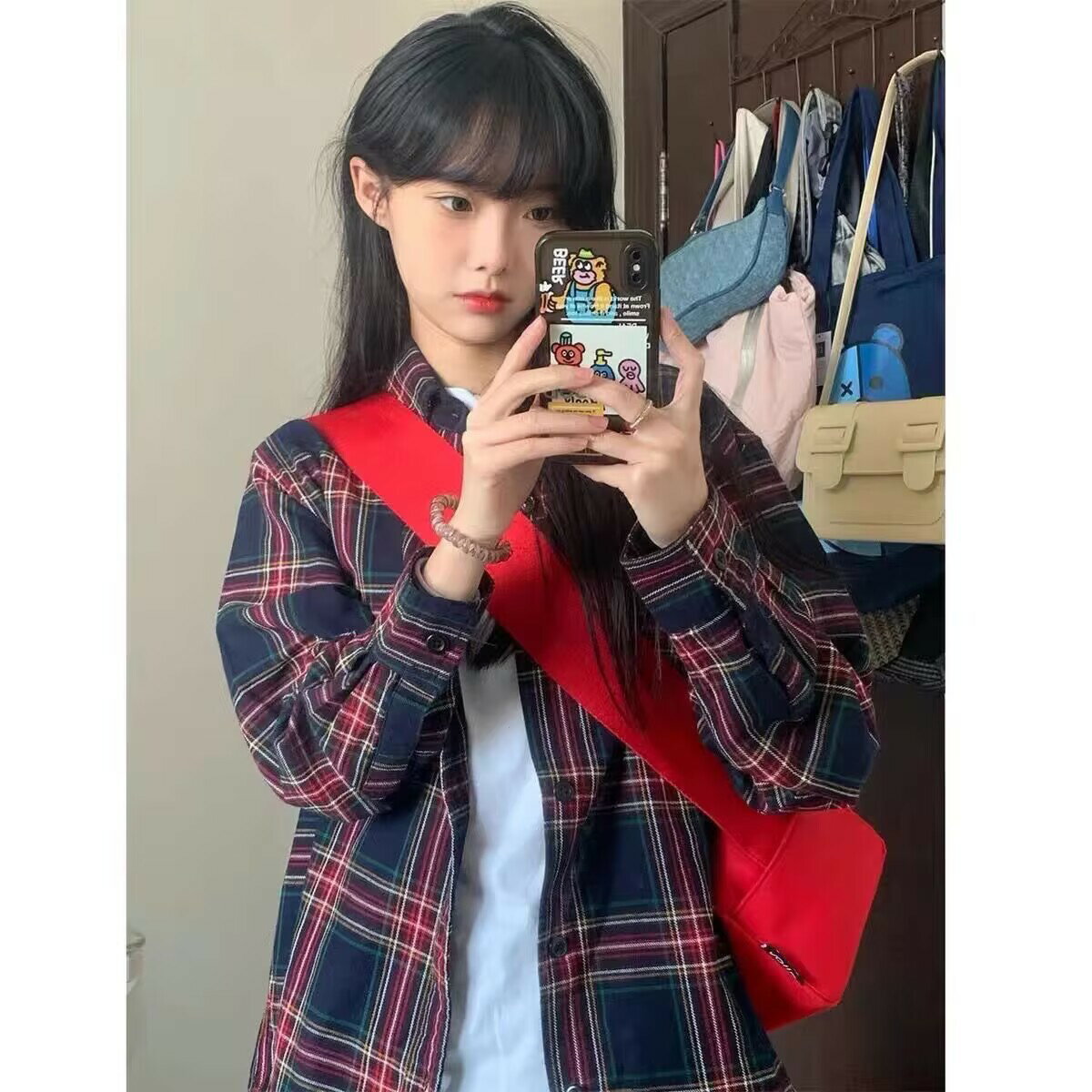 格子襯衫 女上衣 女裝 衣服 寬鬆上衣 格子襯衫女春夏秋新款韓版時尚少女小個子復古長袖襯衣休閒外套 6