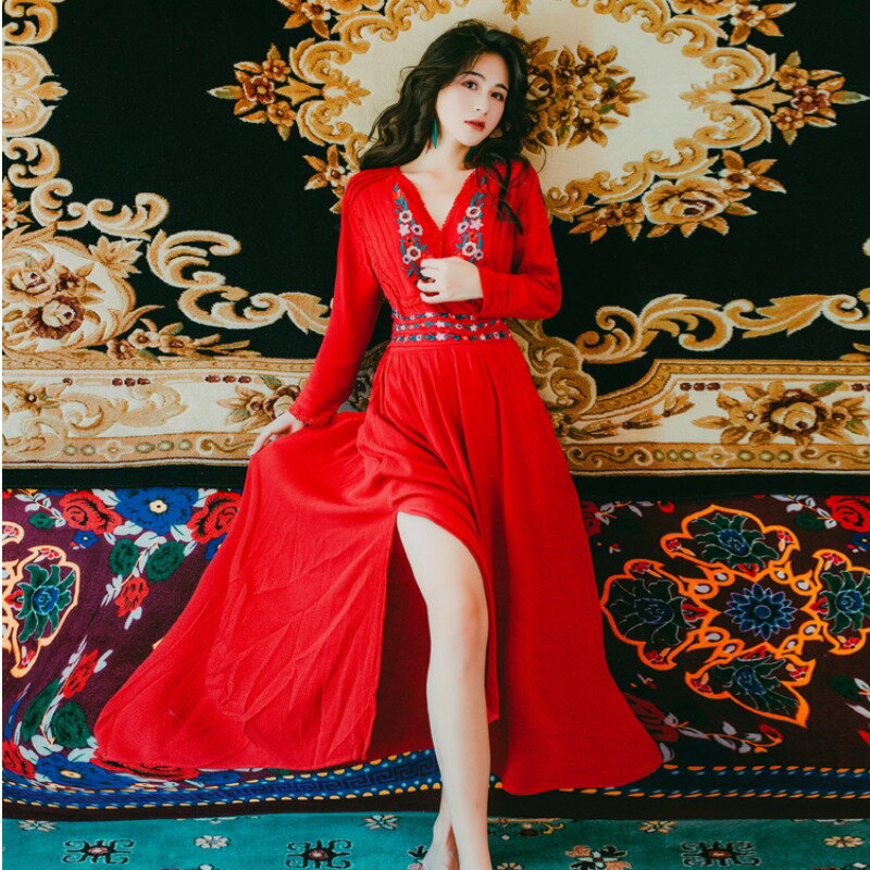 印度埃及旅游波西米亞復古繡花長裙民族風度假裙紅色連衣裙大擺裙
