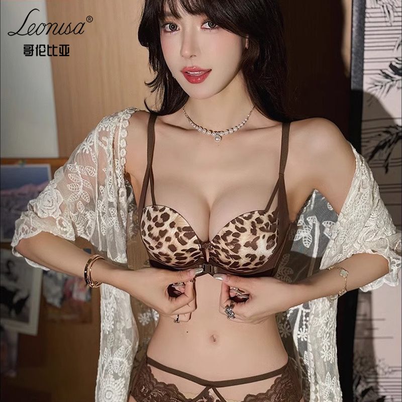 公司貨 免運/熱銷 前扣內衣女小胸聚攏無鋼圈收副乳防下垂新款性感豹紋文胸 快速出貨 聚攏型內衣 小可愛 BRA 文胸 防下垂內衣 蕾絲內衣 前扣內衣P