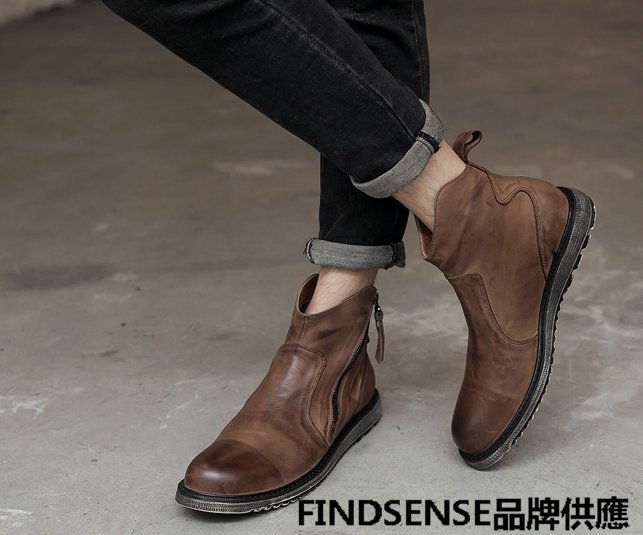 FINDSENSE品牌 四季款 新款 日本 男 高品質 真皮 工裝靴 做舊 拉鏈 高幫皮靴 舒適 增高 馬丁靴 潮流鞋子