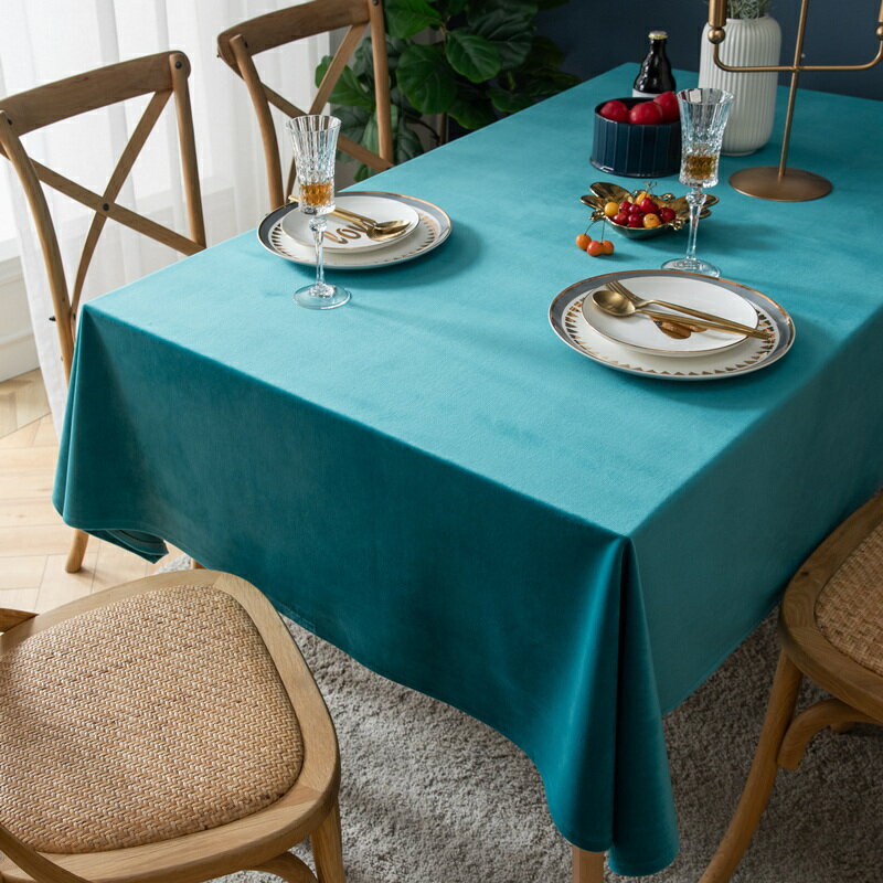 高級感孔雀藍桌布金絲絨高檔輕奢圓桌長方形餐桌客廳茶幾臺布定制