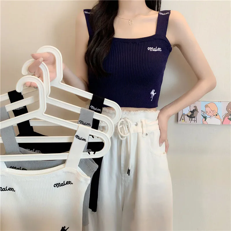 女士背心 小可愛 針織背心 女夏季外穿吊帶 修身刺繡美背上衣 黑色吊帶 內搭短款打底上衣 女生背心【不二雜貨】