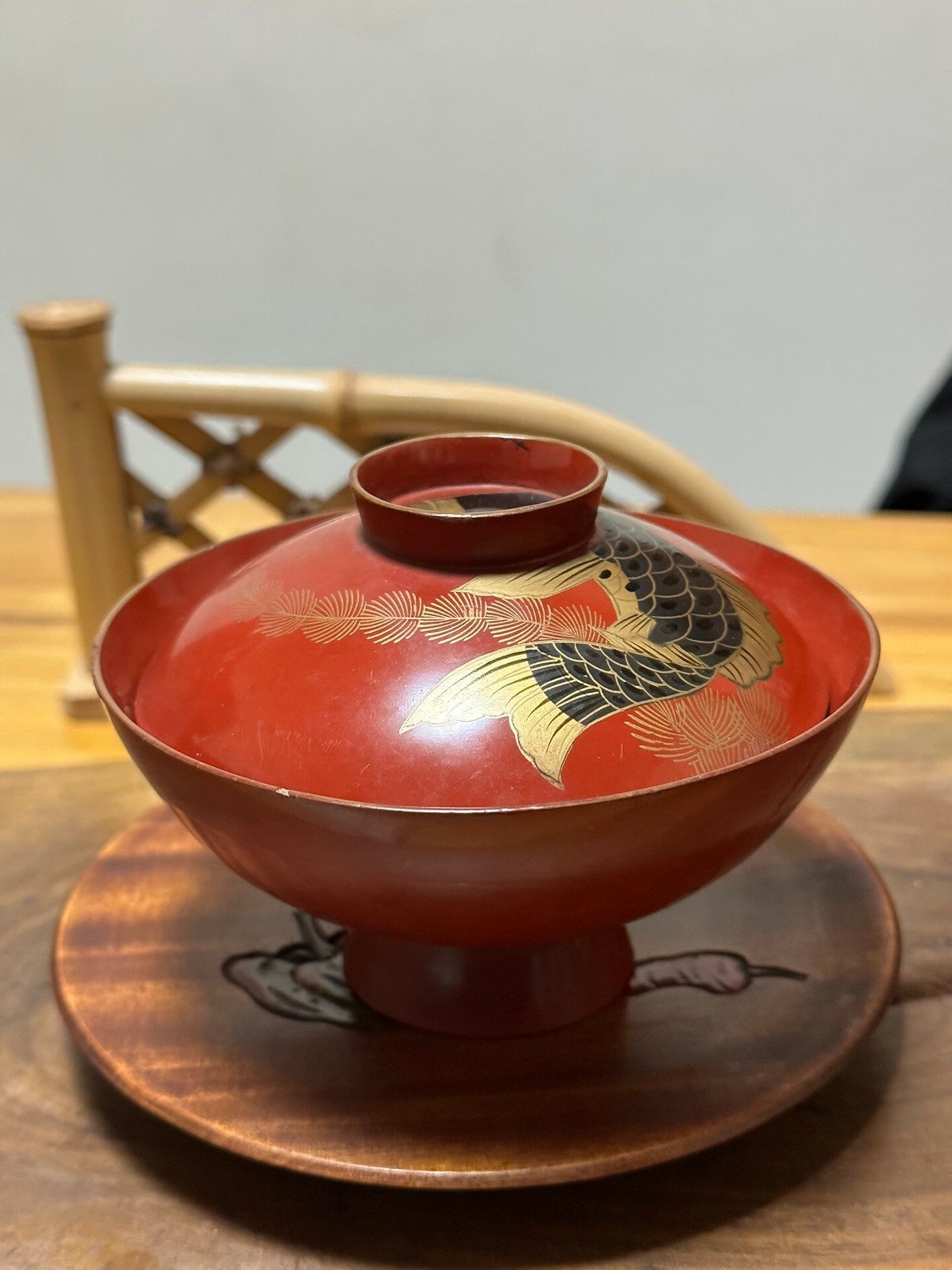 日本中古迴流明治老漆器實木胎金蒔繪螺鈿目鯉魚大漆蓋碗 時代物