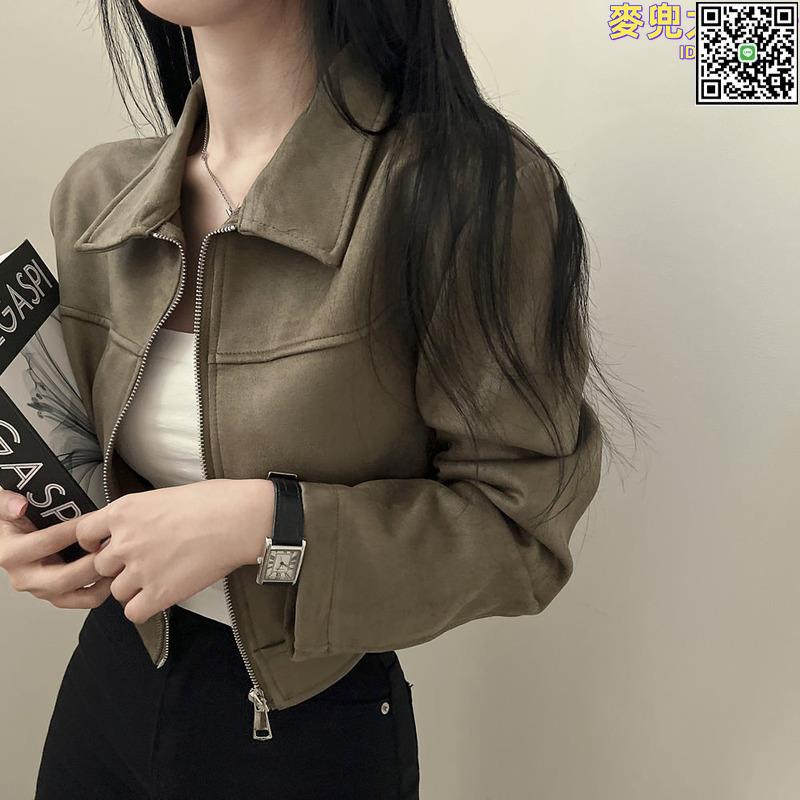 【全球優品滙】韓國chic春季法式復古簡約純色顯瘦百搭拉鏈翻領麂皮絨夾克短外套