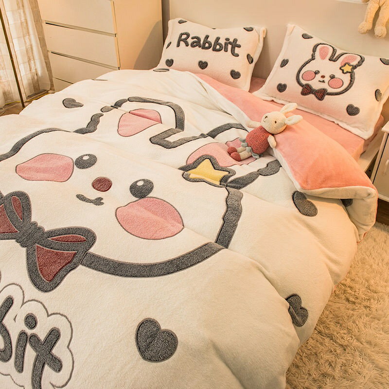 韓式法蘭絨床包四件組 單人雙人/加大雙人床包組 兔子卡通風珊瑚絨雙面被套 柔軟舒適 兩用被 床罩 床包 枕頭套 被單