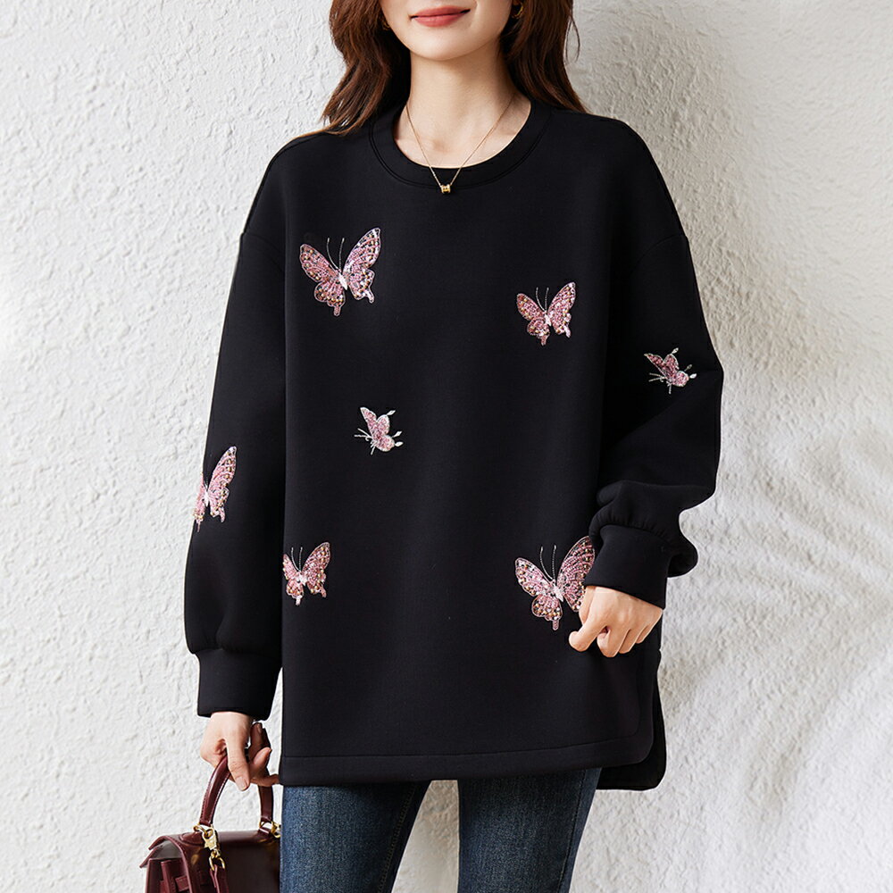 ＊ORead＊圓領蝴蝶珠繡上衣(黑色L~5XL)