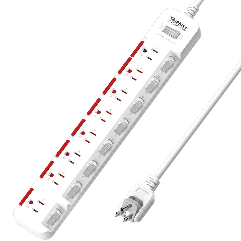 保護傘 PU-3987S 9切8座3P延長線-1.2米~4.5米 (3P旋轉插頭、內藏式插座護蓋及斜面式開關)
