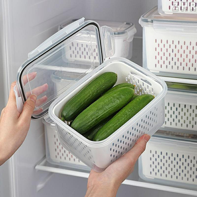 全新 新品日式多功能密封瀝水保鮮盒冰箱保鮮微波爐加熱飯盒食物果蔬收納盒