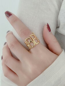 歐美風食指戒指女ins潮夸張B字母指環高級感復古金色開口寬版時尚