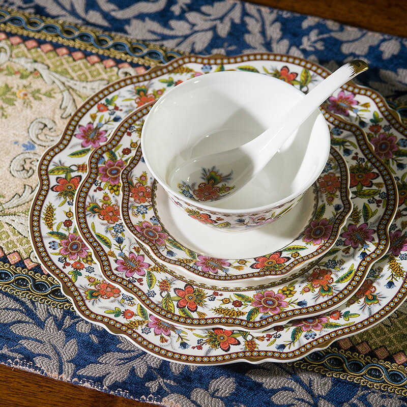 美式琺瑯彩餐具米飯碗家用吃飯陶瓷碗碟套裝歐式泡面碗湯碗菜盤子