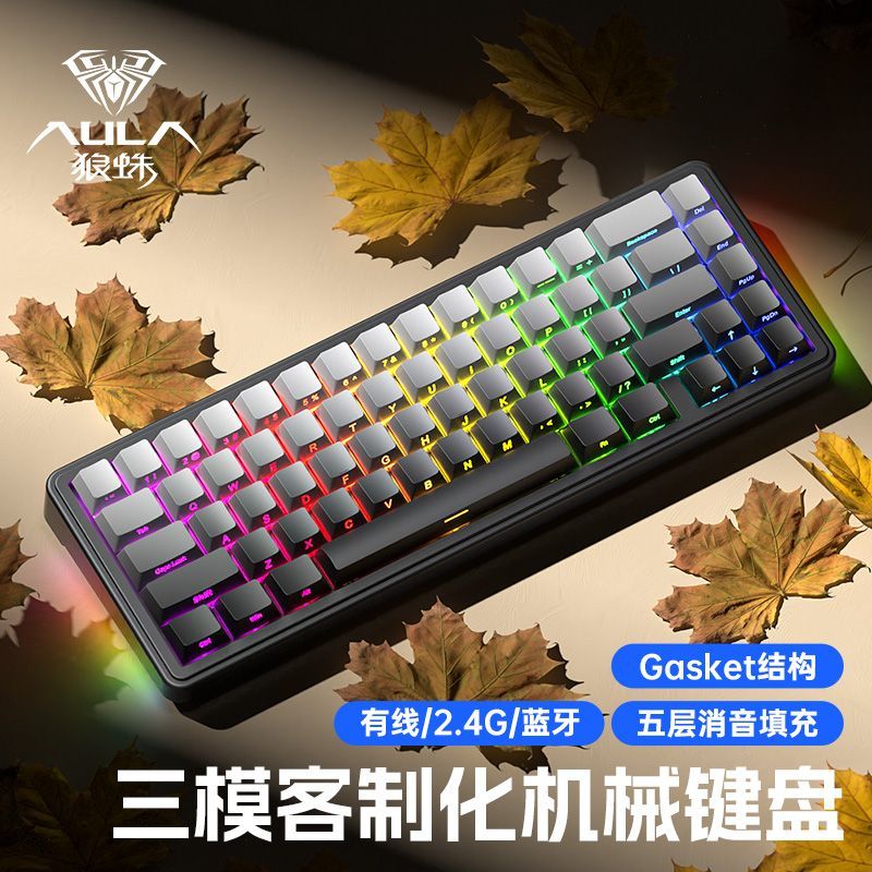 狼蛛F65機械鍵盤無線三模客製化Gasket結構熱插拔側刻漸變67鍵RGB