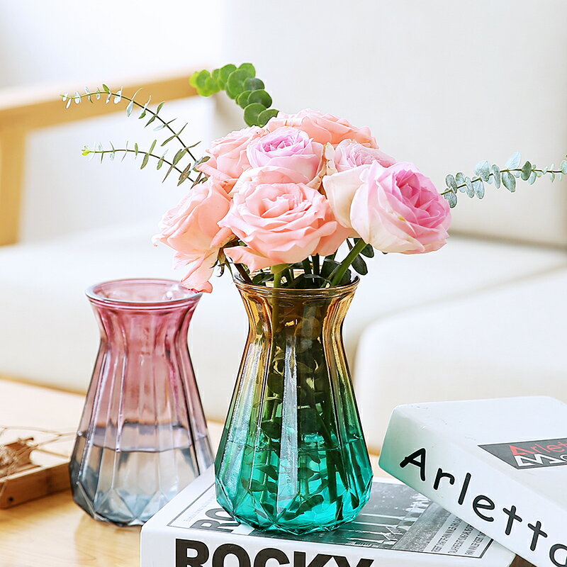 創意玻璃花瓶彩色透明漸變水培富貴竹百合條紋花瓶客廳插花擺件