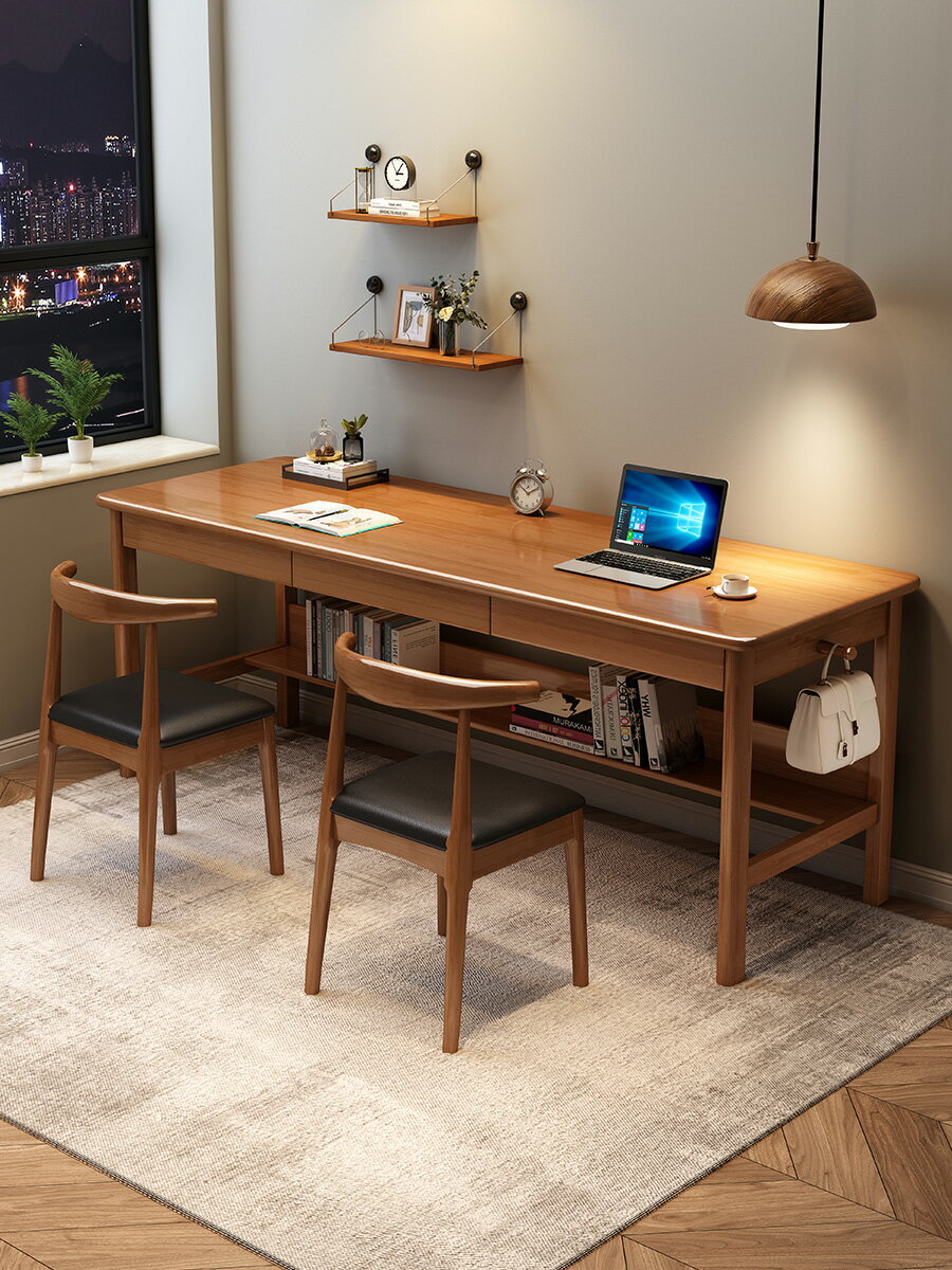 辦公桌 書桌 電腦桌 工作桌實木雙人書桌家用長條桌子靠墻學習桌簡約現代工作臺辦公桌電腦桌