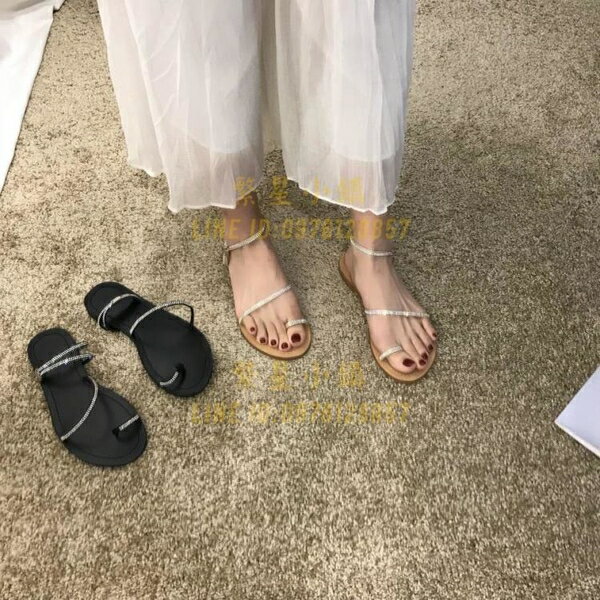 海邊涼鞋女夏季水鉆法式小眾設計感綁帶孕婦沙灘平底鞋【繁星小鎮】