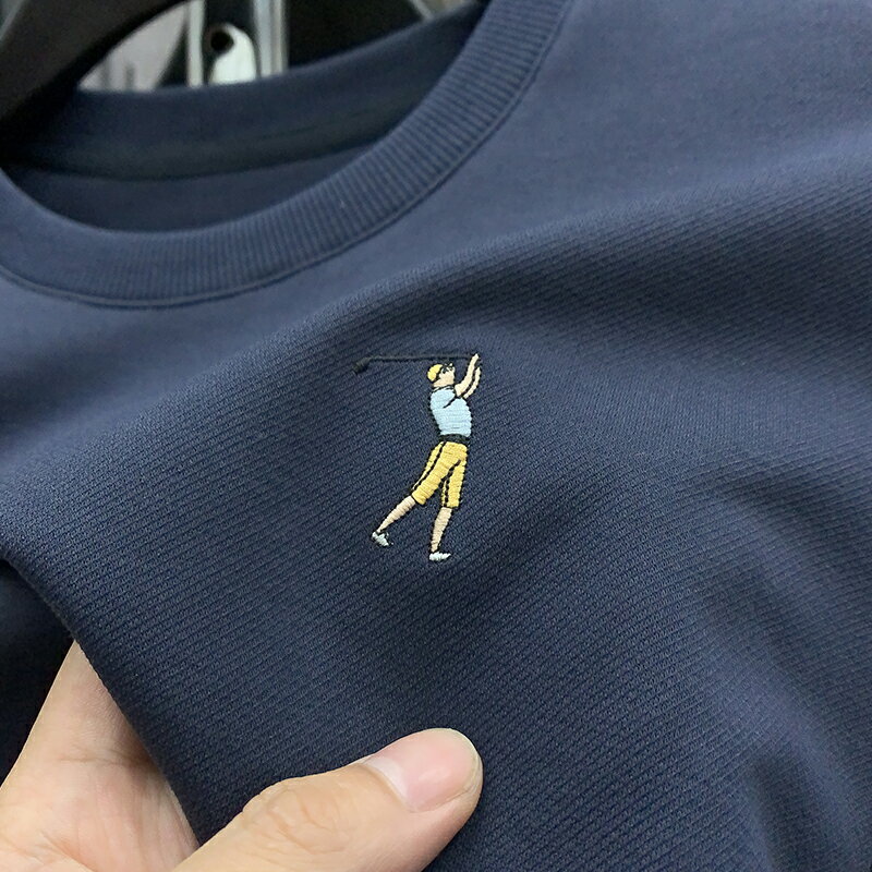 圓領長袖T恤男厚款春秋高爾夫刺繡運動休閑打底衫男歐美簡約上衣t