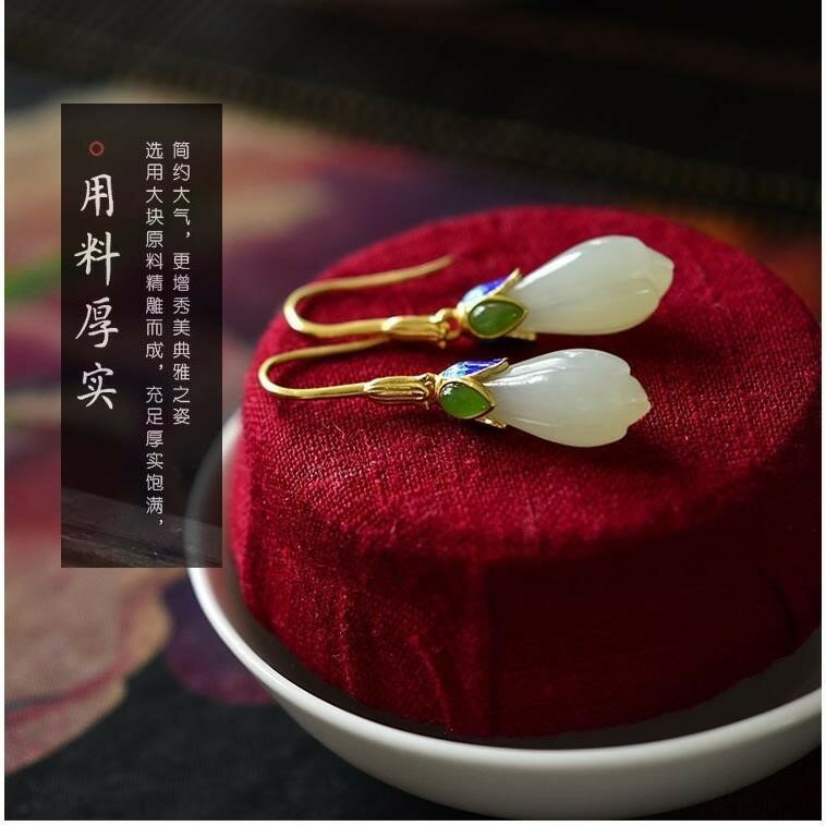 純銀上新了故宮耳環和田玉蘭古風翡翠耳墜媽媽搭配漢服旗袍耳飾品
