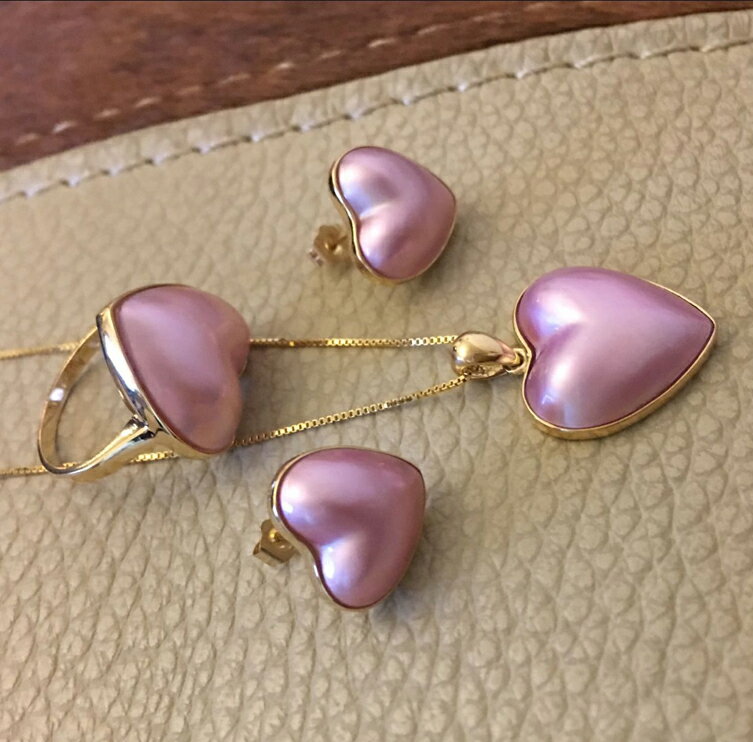 18K包邊馬貝珍珠吊墜馬貝珍珠耳釘馬貝珍珠戒指天然粉色心形 3