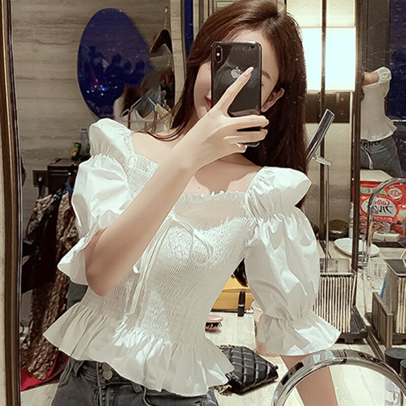 法式泡泡短袖方領上衣女裝夏季新款韓版短款系帶收腰娃娃襯衫
