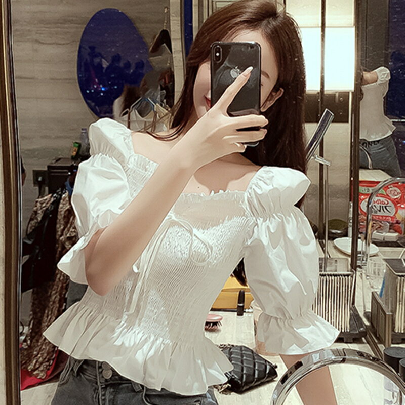 法式泡泡短袖方領上衣女裝夏季新款韓版短款系帶收腰娃娃襯衫 0